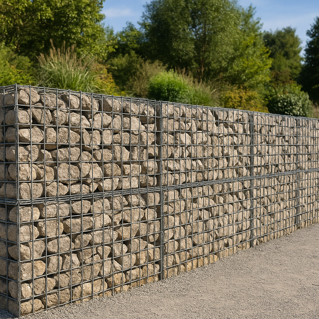 Muro de gaviones de piedra en un jardín moderno con vegetación mediterránea