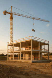 Obra nueva en construcción con estructura de vivienda unifamiliar y grúa al atardecer