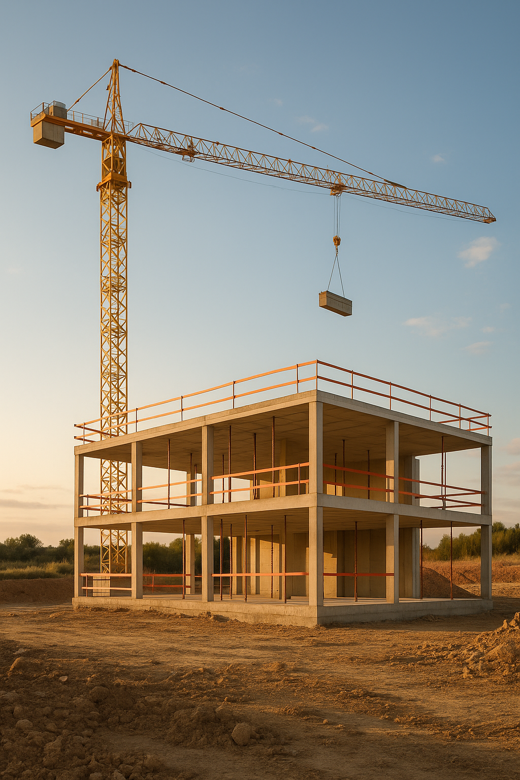 Obra nueva en construcción con estructura de vivienda unifamiliar y grúa al atardecer