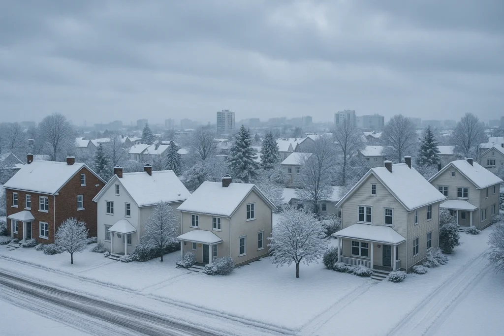 Viviendas cubiertas de nieve durante una ola de frío y consumo energético elevado.