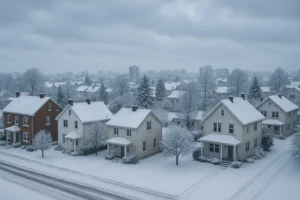Viviendas cubiertas de nieve durante una ola de frío y consumo energético elevado.