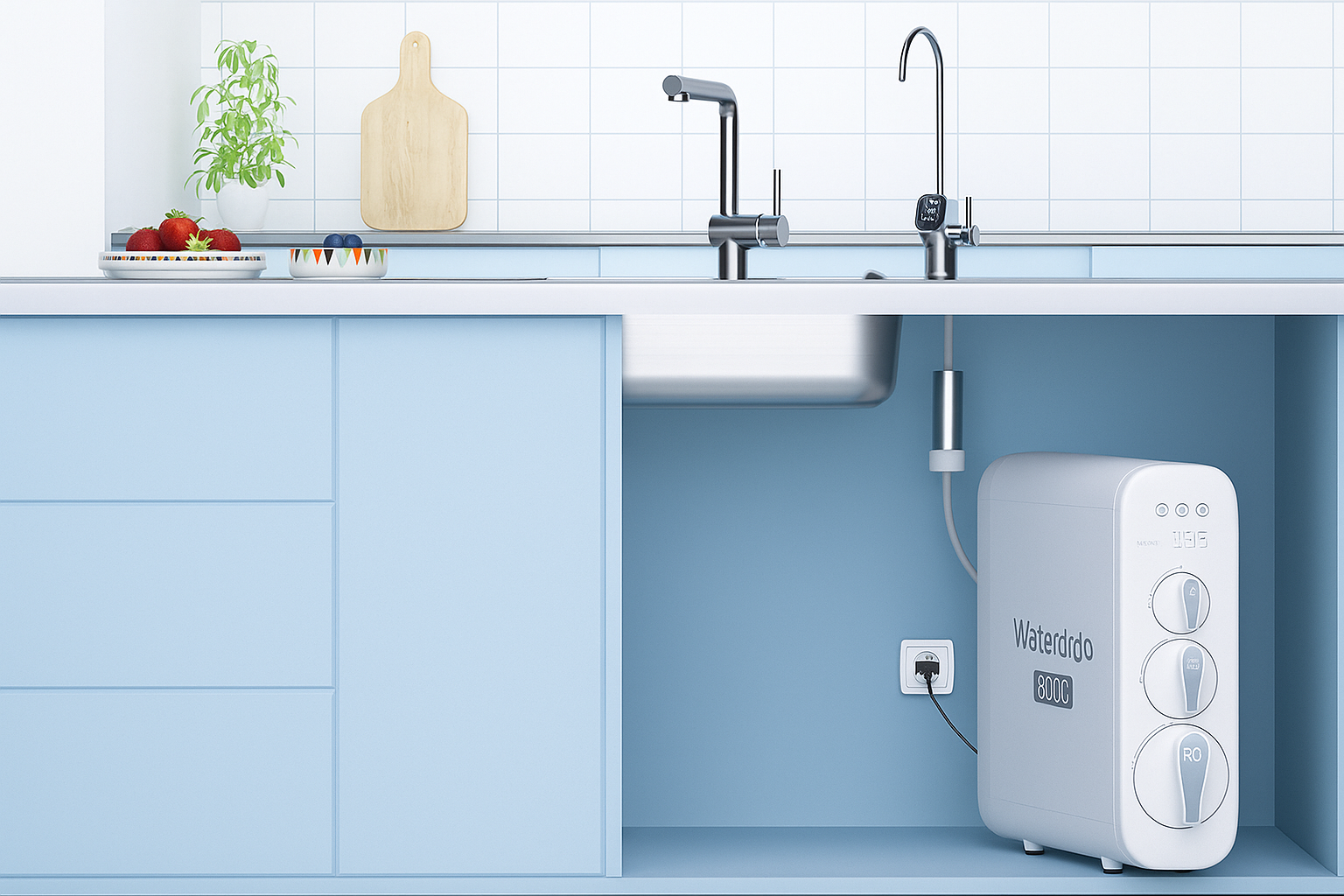 sistema de ósmosis sin depósito instalado bajo fregadero en cocina minimalista con grifo de tres vías