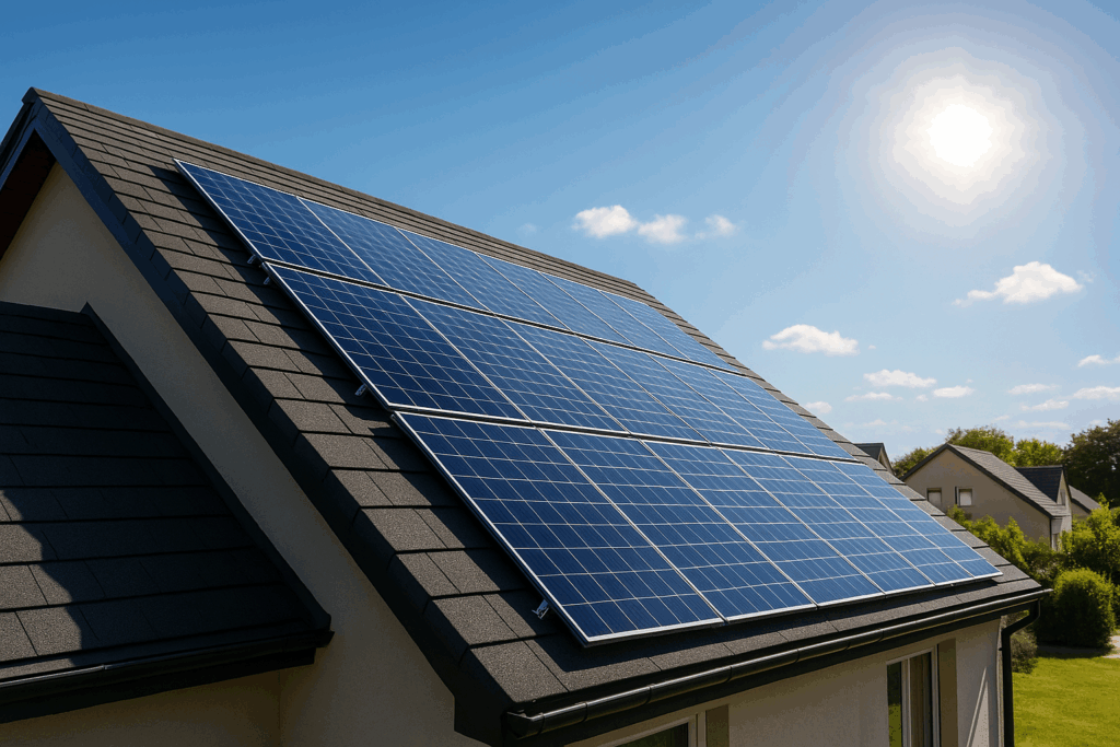 Paneles solares instalados en la cubierta de una vivienda bajo sol directo, ejemplo de instalación fotovoltaica.