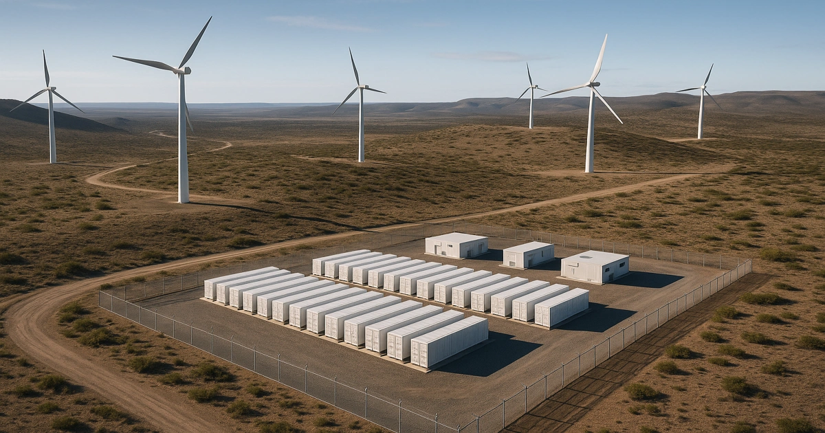 Parques eólicos híbridos Argentina con baterías en la Patagonia vistos desde dron