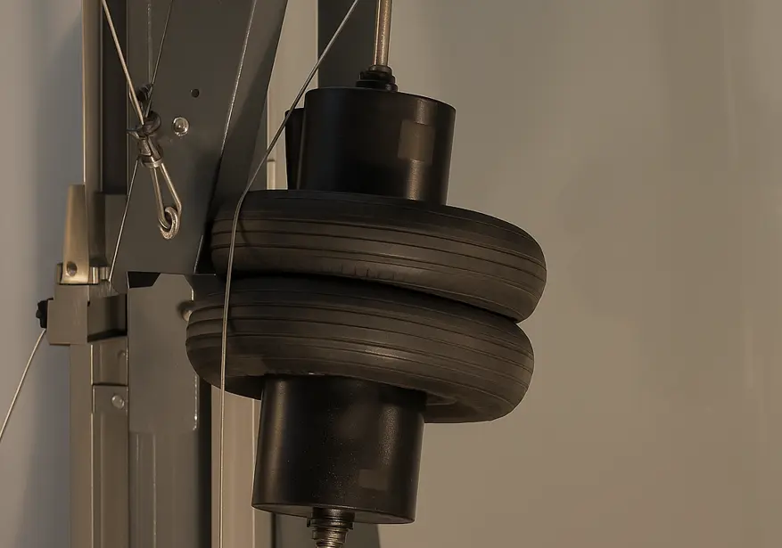 Péndulo de doble neumático negro suspendido sobre soporte gris oscuro durante un ensayo de impacto pendular en vidrio de seguridad en laboratorio técnico.