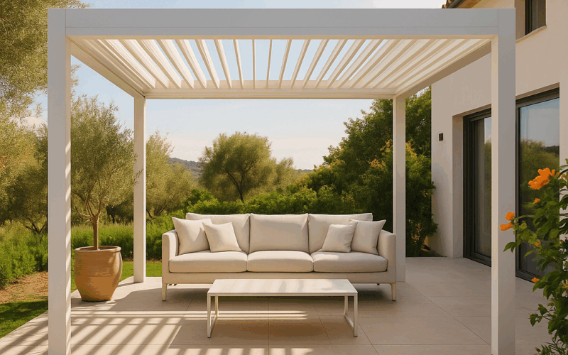 Pérgola bioclimática de aluminio blanco con lamas orientables en terraza moderna con luz natural