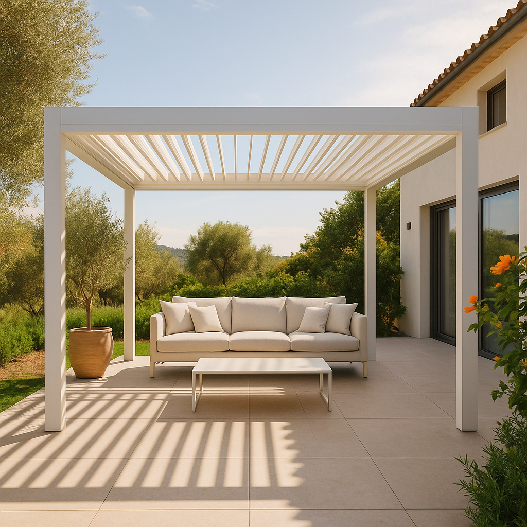 Pérgola bioclimática de aluminio blanco con lamas orientables en terraza moderna con luz natural