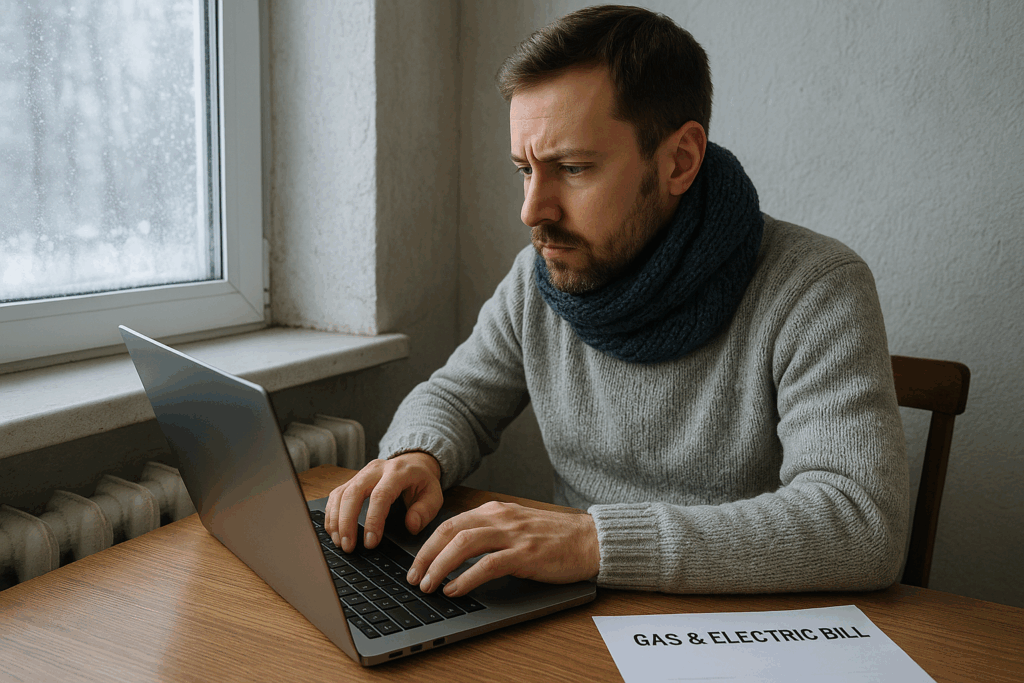 Hombre teletrabajando en una vivienda mal aislada durante el invierno con frío interior