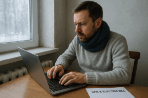 Hombre teletrabajando en una vivienda mal aislada durante el invierno con frío interior