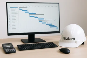 Pantalla con diagrama de Gantt y casco de obra con el logo Habitaro sobre una mesa
