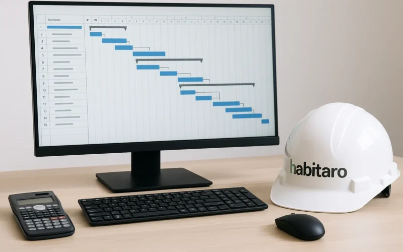 Pantalla con diagrama de Gantt y casco de obra con el logo Habitaro sobre una mesa