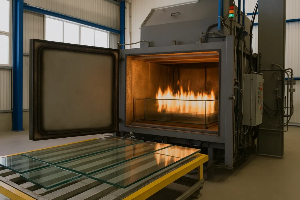 Horno industrial de Heat Soak Test con paneles de vidrio templado en proceso de calentamiento.