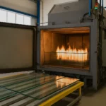 Horno industrial de Heat Soak Test con paneles de vidrio templado en proceso de calentamiento.