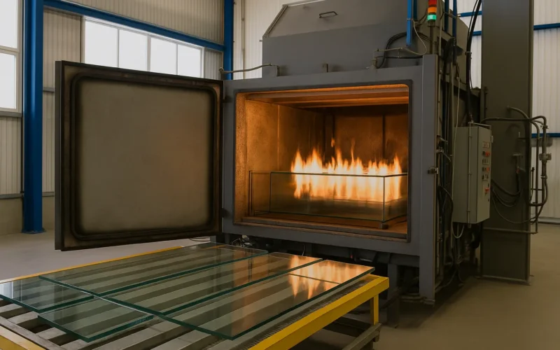 Horno industrial de Heat Soak Test con paneles de vidrio templado en proceso de calentamiento.
