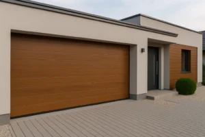 Puerta de garaje moderna en vivienda unifamiliar con fachada minimalista, acabados en madera tecnológica y aluminio