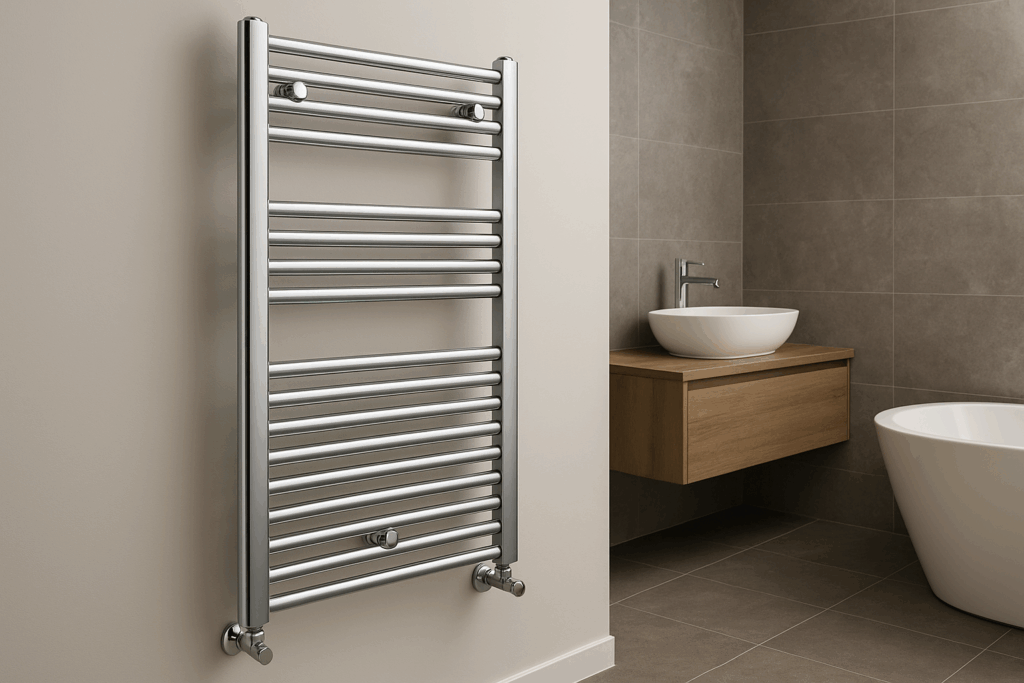 Radiador toallero cromado instalado en un baño moderno con revestimiento cerámico