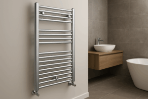 Radiador toallero cromado instalado en un baño moderno con revestimiento cerámico