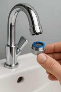 Reductor de caudal doméstico instalado en un grifo moderno para ahorrar agua y energía