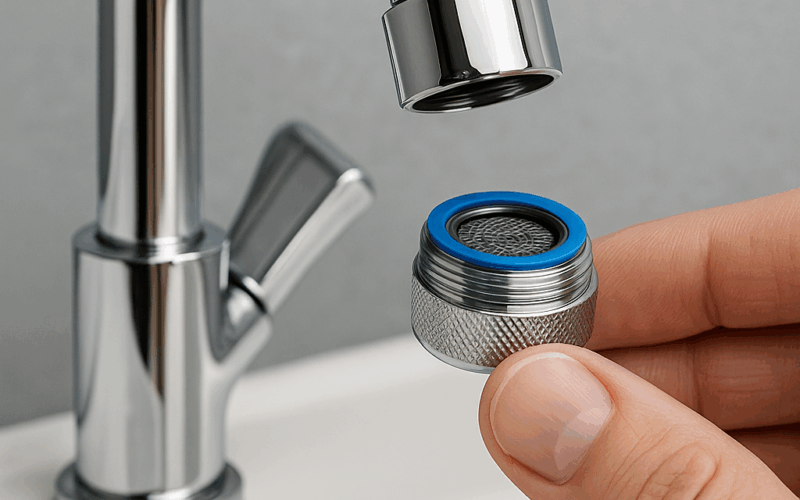 Reductor de caudal doméstico instalado en un grifo moderno para ahorrar agua y energía