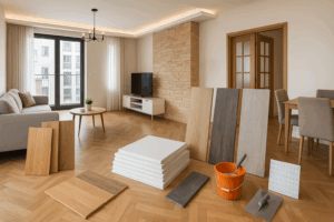 reformas sin obra con materiales de instalación en seco en un salón moderno