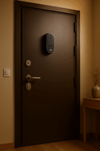 Seguridad en la puerta de entrada con cerradura de seguridad inteligente.