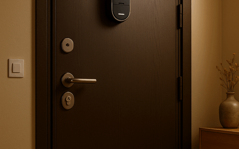 Seguridad en la puerta de entrada con cerradura de seguridad inteligente.