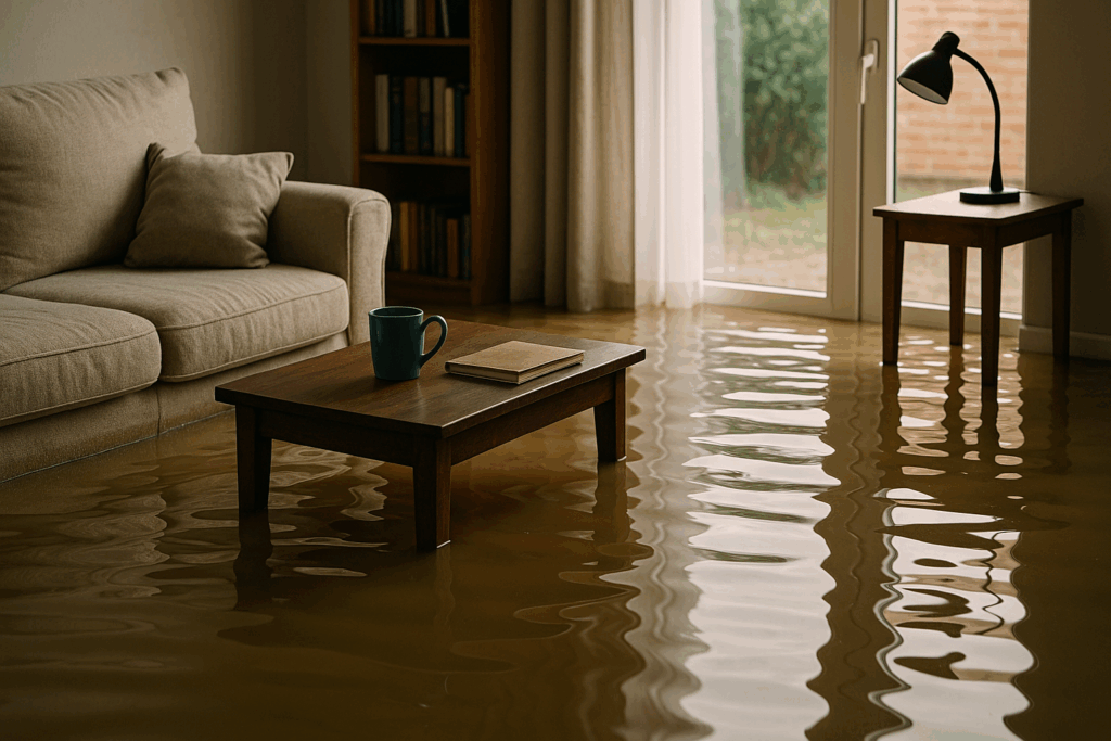 Salón inundado tras una tormenta, ejemplo real del impacto en un seguro del hogar por inundaciones