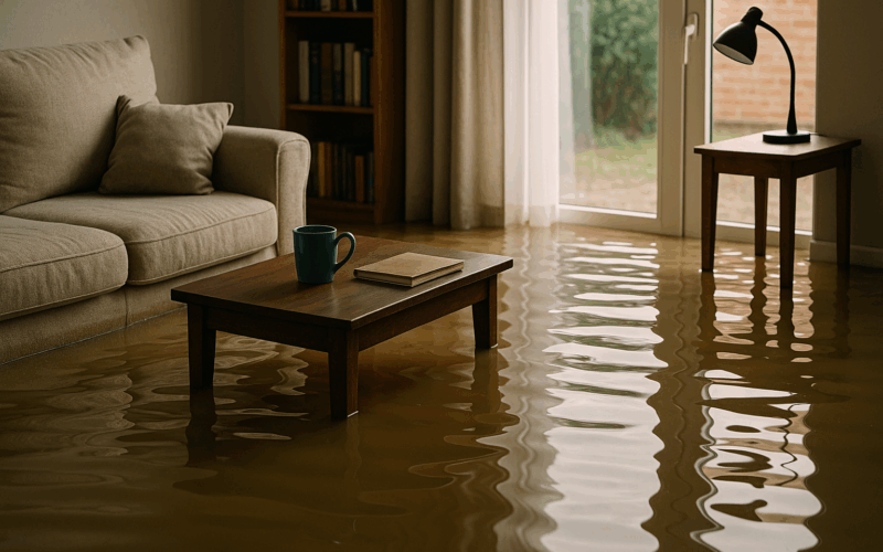 Salón inundado tras una tormenta, ejemplo real del impacto en un seguro del hogar por inundaciones