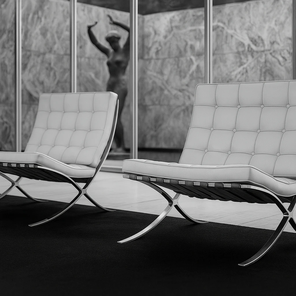 Silla Barcelona de Mies en un espacio arquitectónico que destaca su diseño moderno y los materiales originales del Pabellón de Barcelona