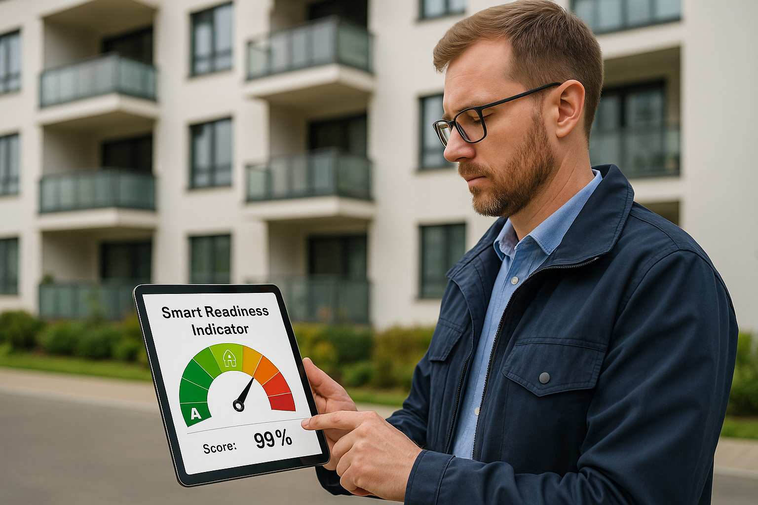 técnico evaluando el smart readiness indicator de un edificio
