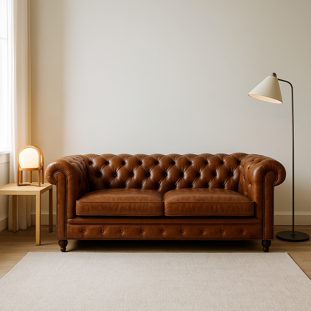 Sofá Chester de cuero marrón en un entorno contemporáneo