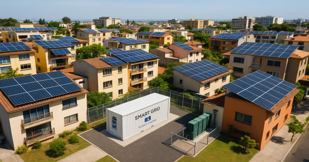 Microred solar urbana con paneles en azoteas y subestación moderna de baterías comunitarias.