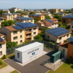 Microred solar urbana con paneles en azoteas y subestación moderna de baterías comunitarias.