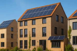 edificio residencial con mejoras de aislamiento térmico y paneles solares