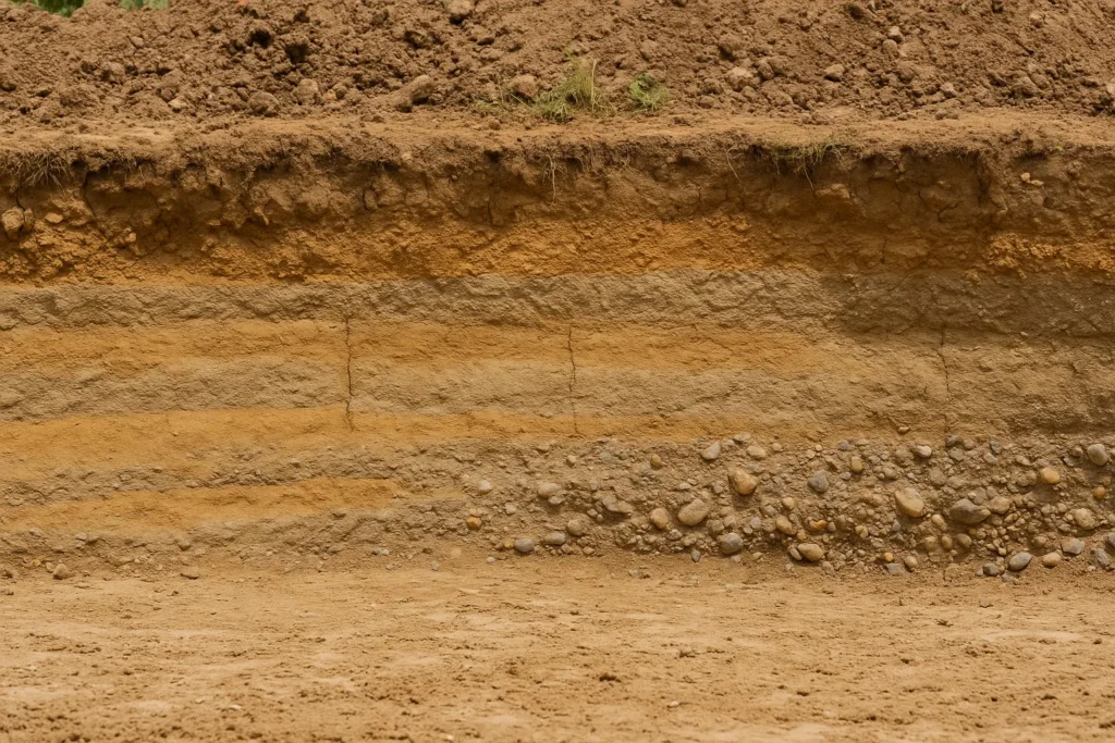 Perfil del terreno mostrando capas de arena, limo y grava en una excavación real