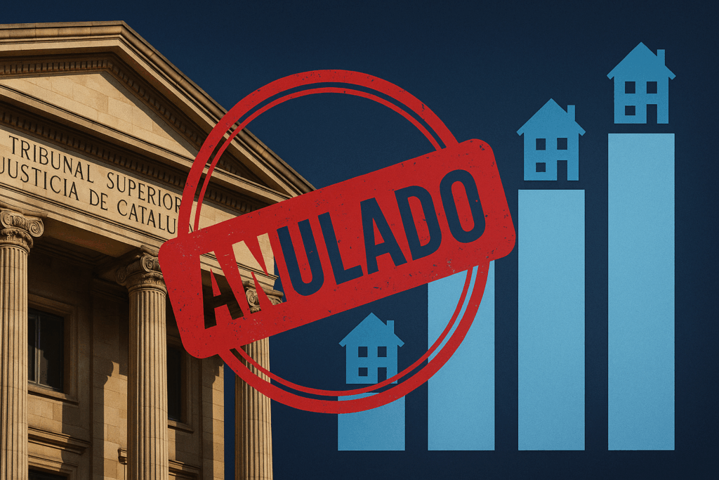 Fachada del Tribunal Superior de Justícia de Catalunya con un sello rojo de “anulado” sobre un gráfico de viviendas.