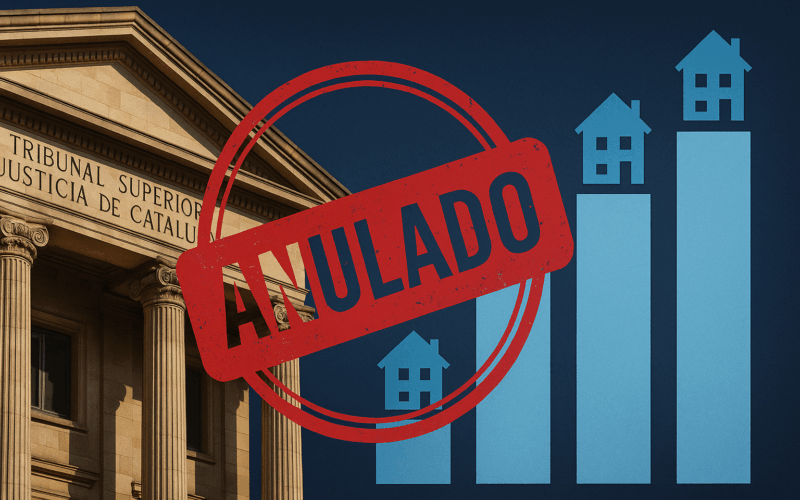 Fachada del Tribunal Superior de Justícia de Catalunya con un sello rojo de “anulado” sobre un gráfico de viviendas.