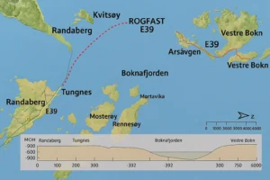 Mapa realista del túnel submarino Rogfast E39 en Noruega, mostrando el recorrido bajo el mar, las islas y la profundidad máxima del trazado.