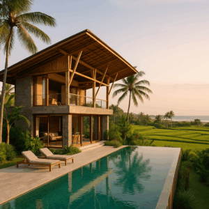 Villa moderna frente a la playa en Bali, rodeada de palmeras y arrozales tropicales al atardecer.