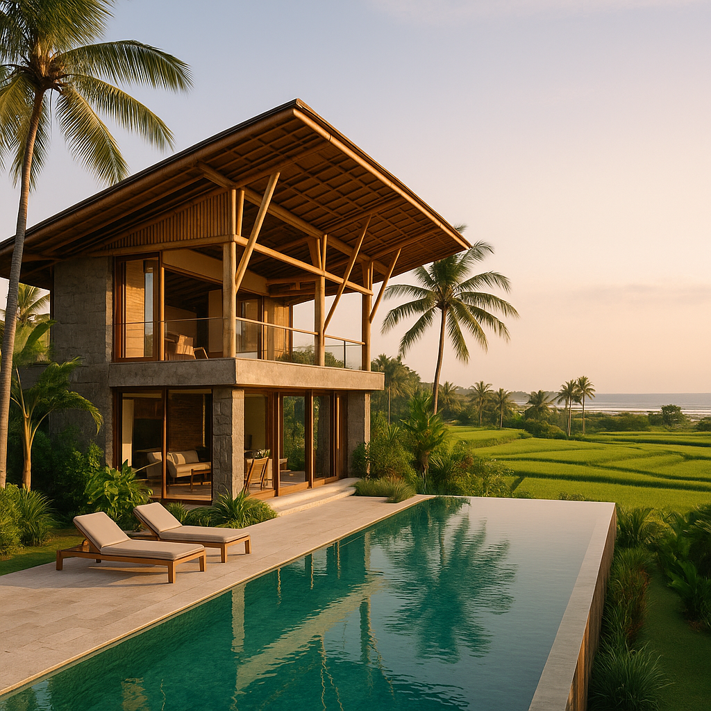 Villa moderna frente a la playa en Bali, rodeada de palmeras y arrozales tropicales al atardecer.