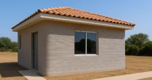 Vivienda impresa en 3D en México, arquitectura de concreto con textura visible y entorno natural