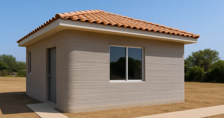 Vivienda impresa en 3D en México, arquitectura de concreto con textura visible y entorno natural