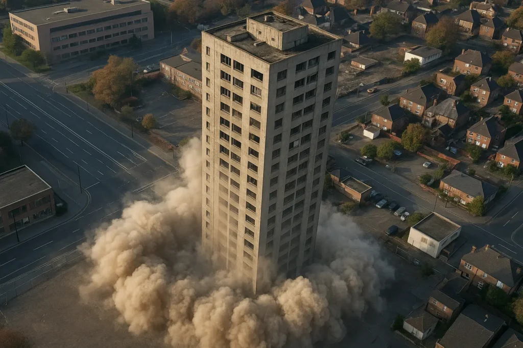 Vista aérea de una voladura controlada en edificio urbano con nube de polvo contenida