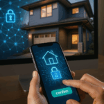 Representación conceptual de la Web3 inmobiliaria con una vivienda y pantalla digital de compraventa