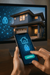 Representación conceptual de la Web3 inmobiliaria con una vivienda y pantalla digital de compraventa