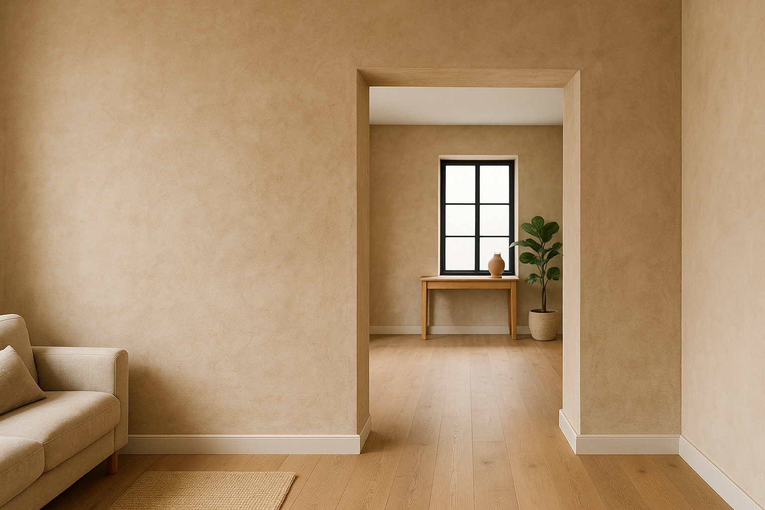 yeso natural en paredes con acabado mineral en un interior moderno