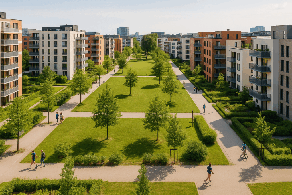 vista aérea de zonas residenciales sin coches con parques y peatones