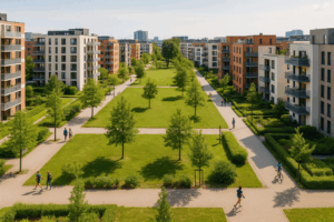 vista aérea de zonas residenciales sin coches con parques y peatones