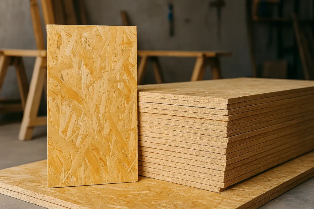 Paneles OSB apilados en un taller mostrando la textura de las virutas orientadas