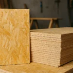 Paneles OSB apilados en un taller mostrando la textura de las virutas orientadas